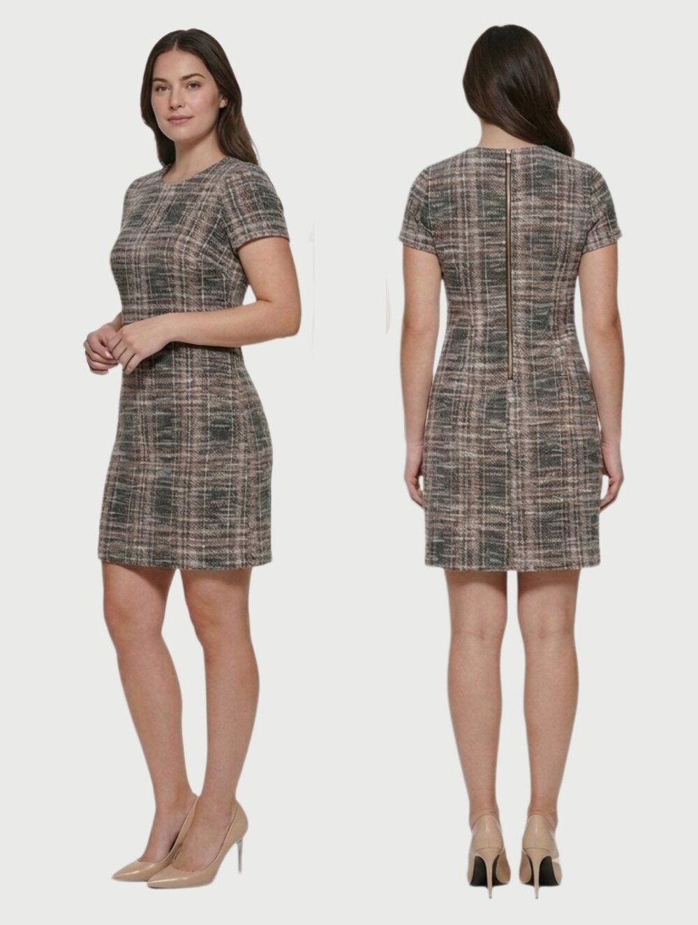 Calvin Klein Womens 6 Neutral Plaid Brown Fall Stretch Shift Dress Career Mini